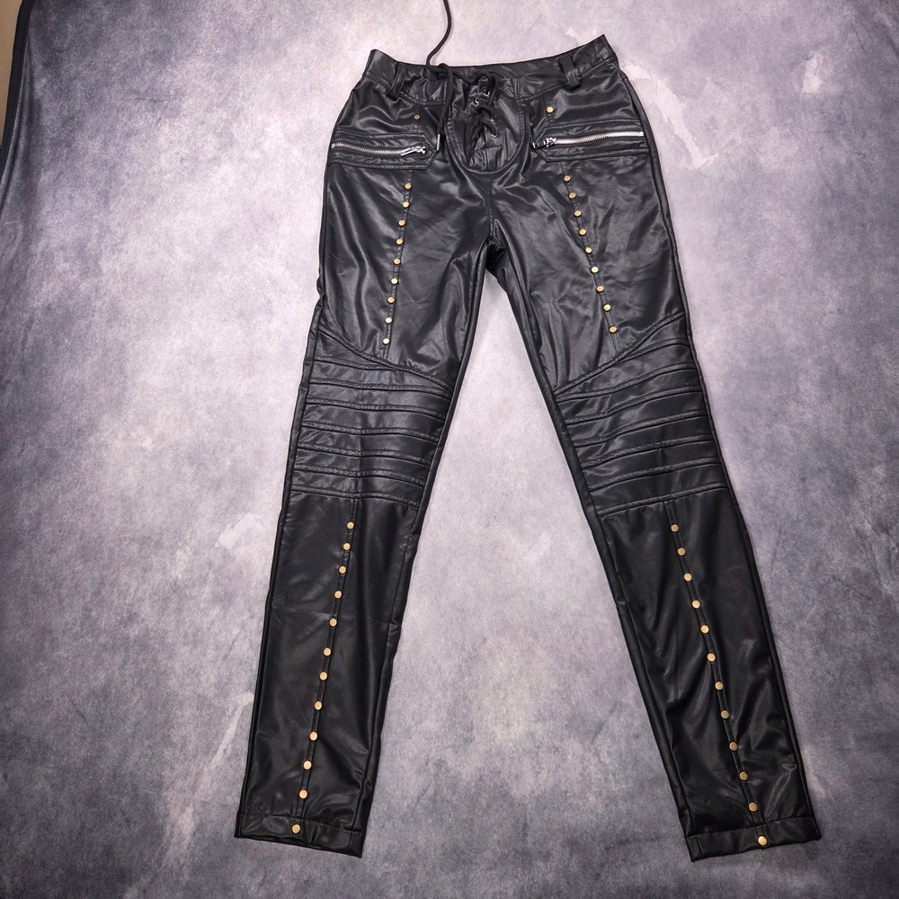 Unbranded Faux Leather Moto Pants Women L Black Studded Lace Up Biker Edgy